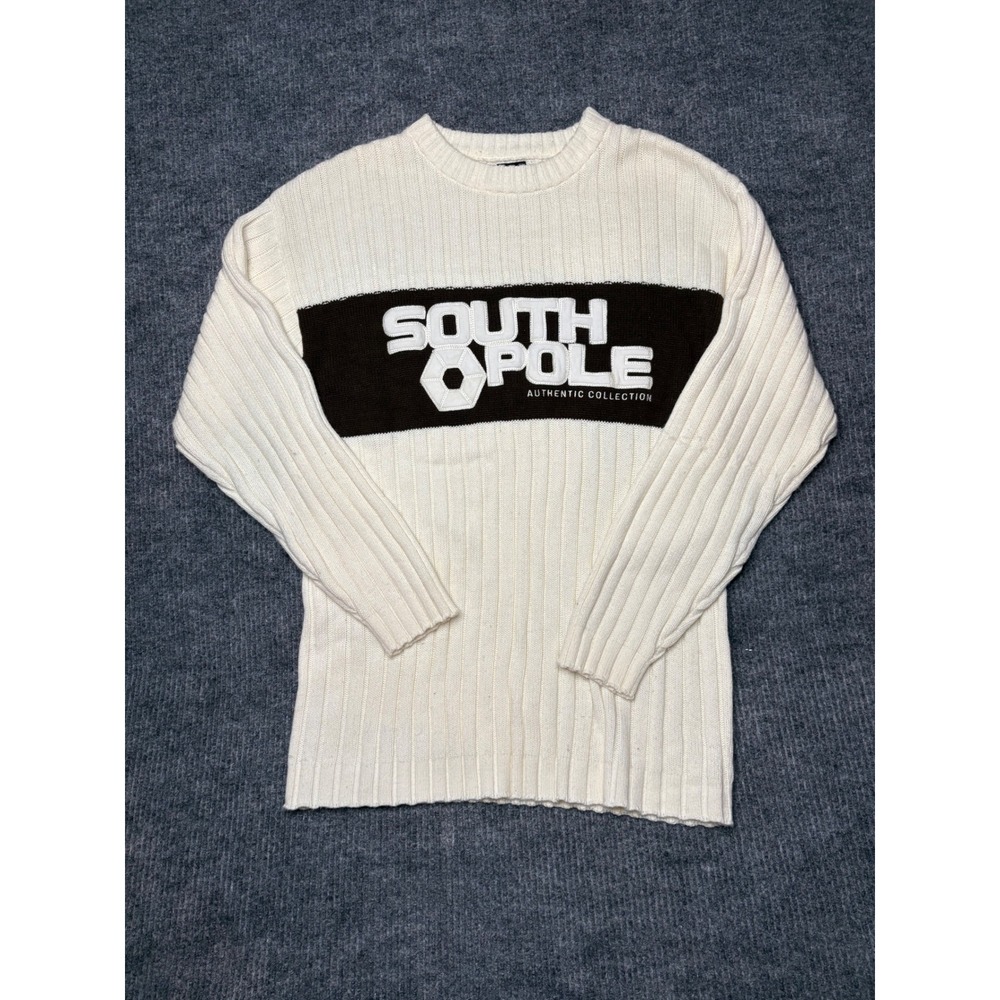 Vintage 90s South Pole Sweater XXL Made in Korea Cream Rib Knit Logo Y2K